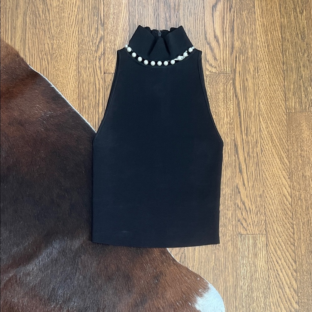Alice + Olivia Black Sleeveless High-Neck Top with Pearl Trim